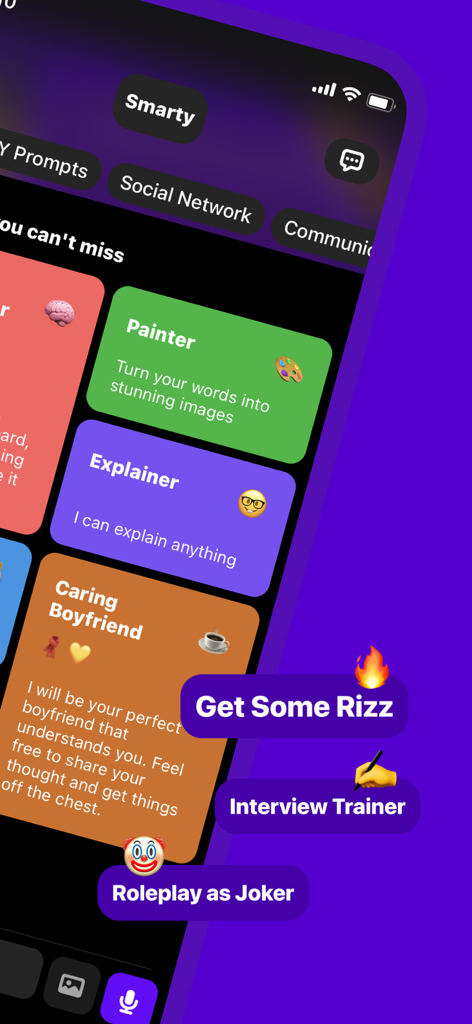 Smarty AI chatbot interface displaying creative prompt options like Painter, Explainer, and Get Some Rizz.