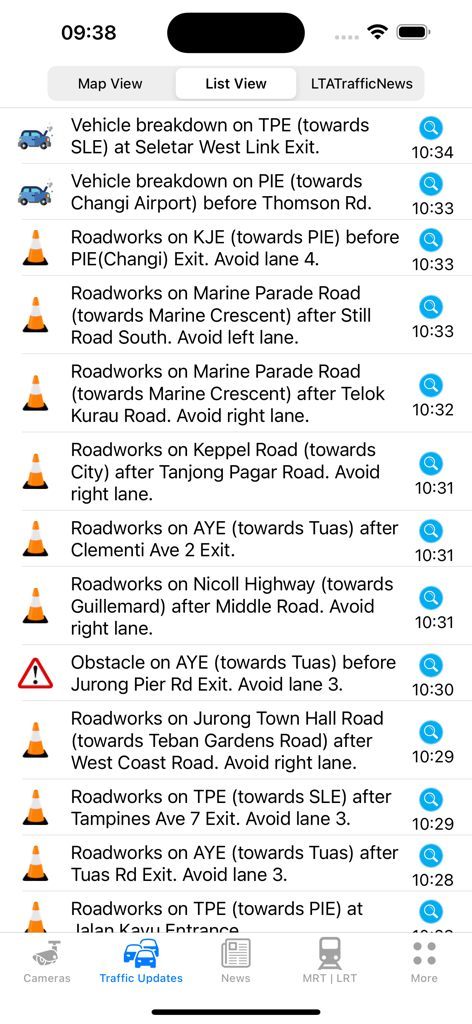 SG Traffic Cameras & Updates - A detailed list view of real time traffic updates roadworks and vehicle breakdowns in Singapore