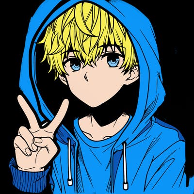teenage manga boy in a hoodie, doing ✌
