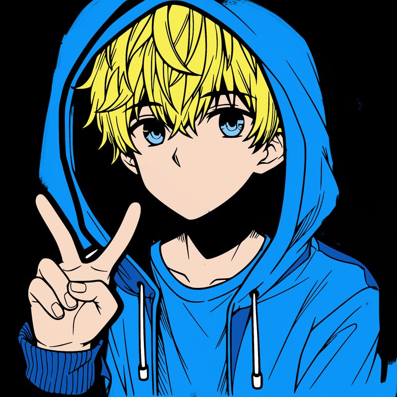 teenage manga boy in a hoodie, doing ✌