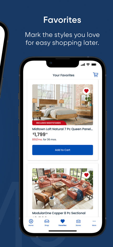 Rooms To Go - Rooms To Go app Favorites screen showing saved furniture sets like a queen bedroom panel and a modular sectional sofa