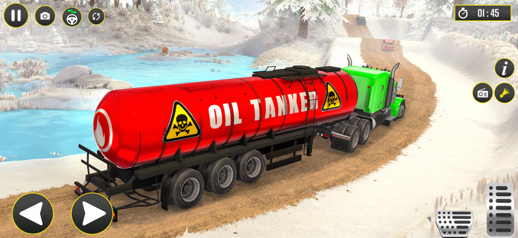 A red oil tanker semi truck driving on a snowy off-road path in a 3D simulation game.