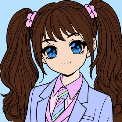 realistic girl with two ponytails and a suit on