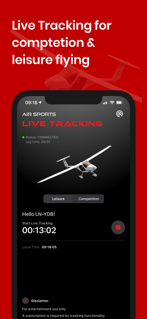 Air Sports Live Tracking - Interfaz de la aplicación Air Sports Live Tracking que muestra el estado del vuelo y las opciones para modos de vuelo de ocio y competición.