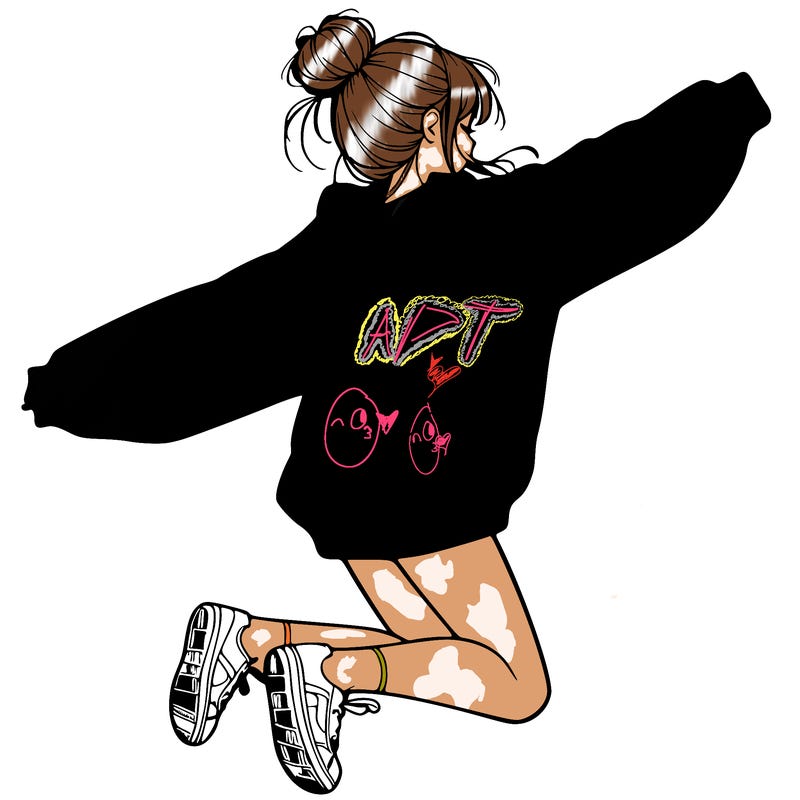 realistic girl jumping with a bun and oversized sweatshirt