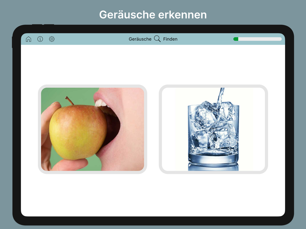 Lexico Hören Pro - Interfaz de la aplicación Lexico Hoeren Pro en iPad que muestra un ejercicio de reconocimiento de sonidos con dos fotos de una manzana y un vaso de agua.