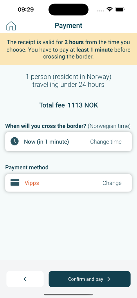 KvoteAppen - Payment screen in the KvoteAppen app showing a total fee of 1113 NOK for customs clearance