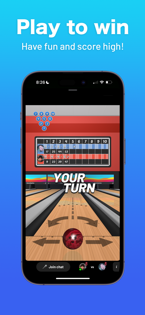 Games for iMessage Text & Chat - A virtual bowling game inside the iMessage app showing a digital lane and scoreboard.