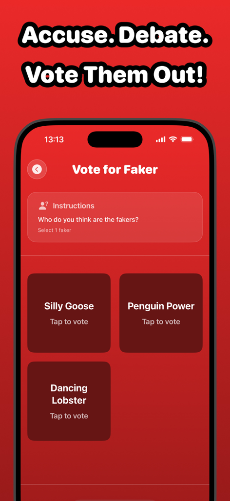 Faker: Who is Lying? Game - Interface da tela de votação no jogo de dedução social Faker, onde os jogadores selecionam quem votar.