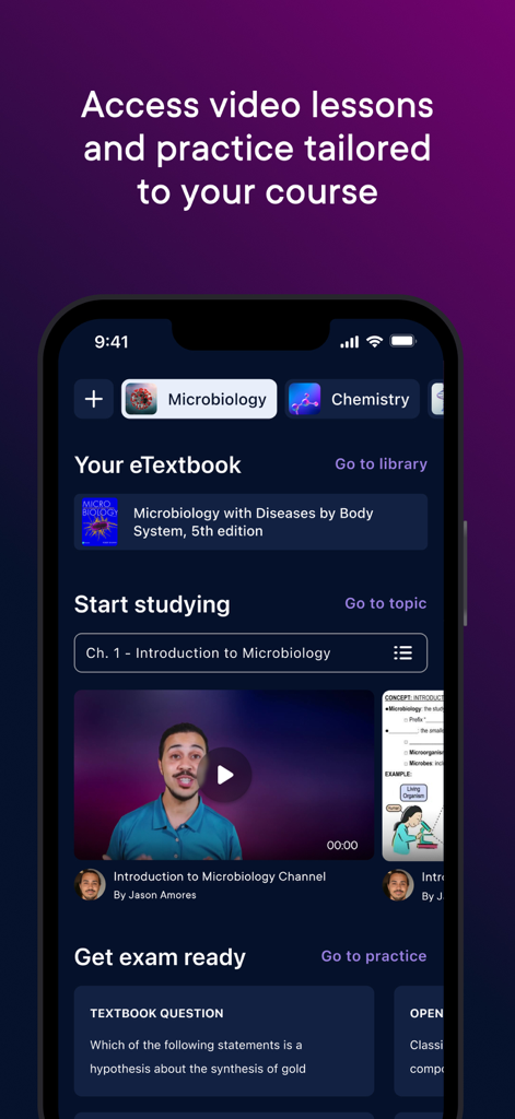 Pearson+ | Study Prep & eTexts - Interfaz de la aplicación Pearson plus que muestra lecciones en video de microbiología y preguntas de práctica para estudiantes