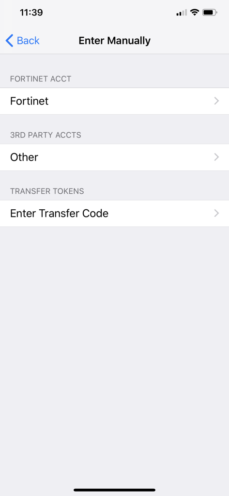FortiToken Mobile manual entry screen showing options for adding Fortinet accounts and third party accounts