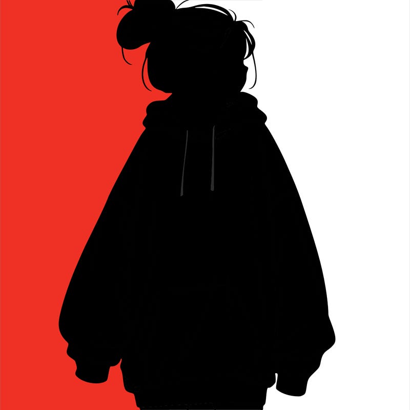 realistic girl with a oversized sweatshirt on and a bun