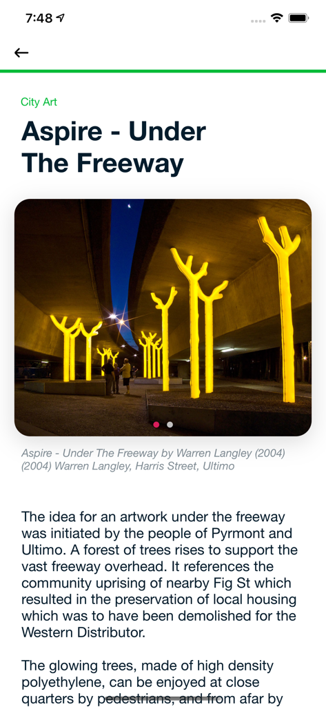 Sydney Culture Walks - Sydney Culture Walks app screen showing the Aspire public art installation of glowing yellow trees under a freeway
