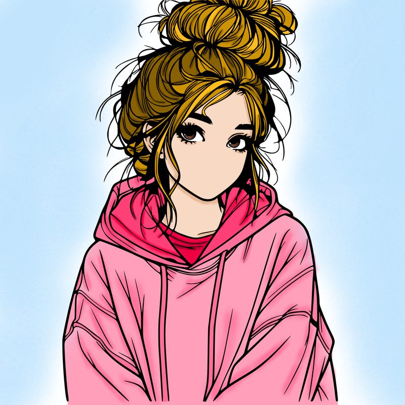 realistic girl with a messy bun and oversized hoodie