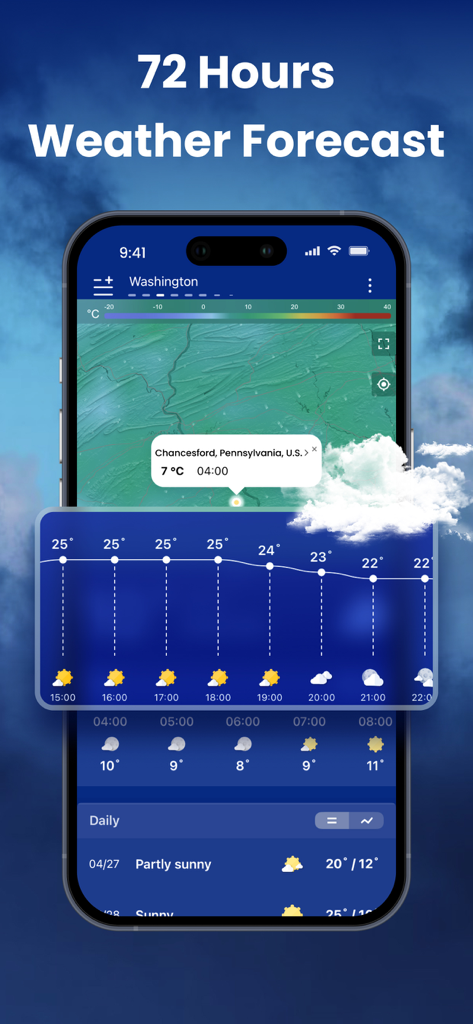 Un smartphone mostrando un pronóstico meteorológico de 72 horas con un gráfico de temperatura y una superposición de mapa interactivo