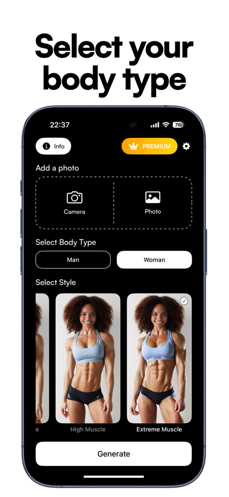 AI Muscle Filter - Gigabody - Interface of the Gigabody app showing options to select gender and muscular style intensity.