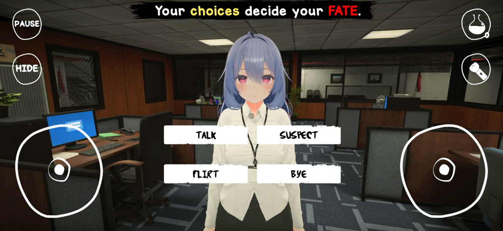 Yandere Horror Game - Pantalla de juego de Yandere Horror Game que muestra al personaje de anime Mira con opciones de diálogo en un entorno de oficina