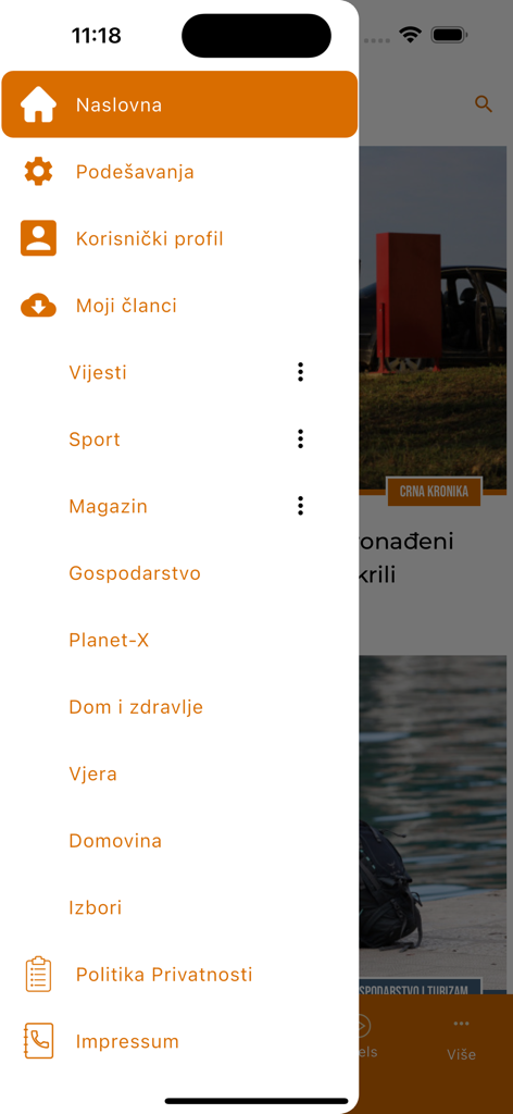 Dnevno.hr - Side navigation menu of the Dnevno.hr mobile app showing news categories in Croatian such as News Sport and Economy