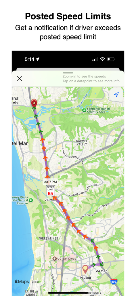 SafeDrive-App-Karte zeigt Fahrzeuggeschwindigkeitsverfolgung und Warnungen vor Geschwindigkeitsbegrenzungen