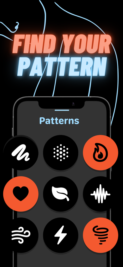 Vibrator - Strong Massage App - Vibeアプリの画面に、ハートや火のようなさまざまな振動パターンオプションが表示されています。