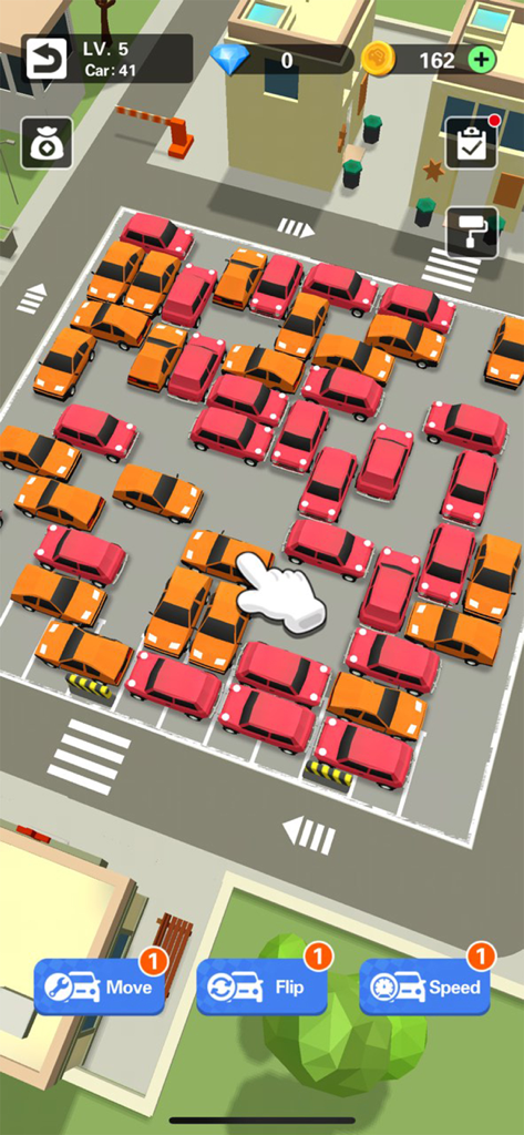 Crazy Parking Car Master - Vista del juego desde arriba de un puzle de aparcamiento abarrotado con coches rojos y naranjas en Crazy Parking Car Master