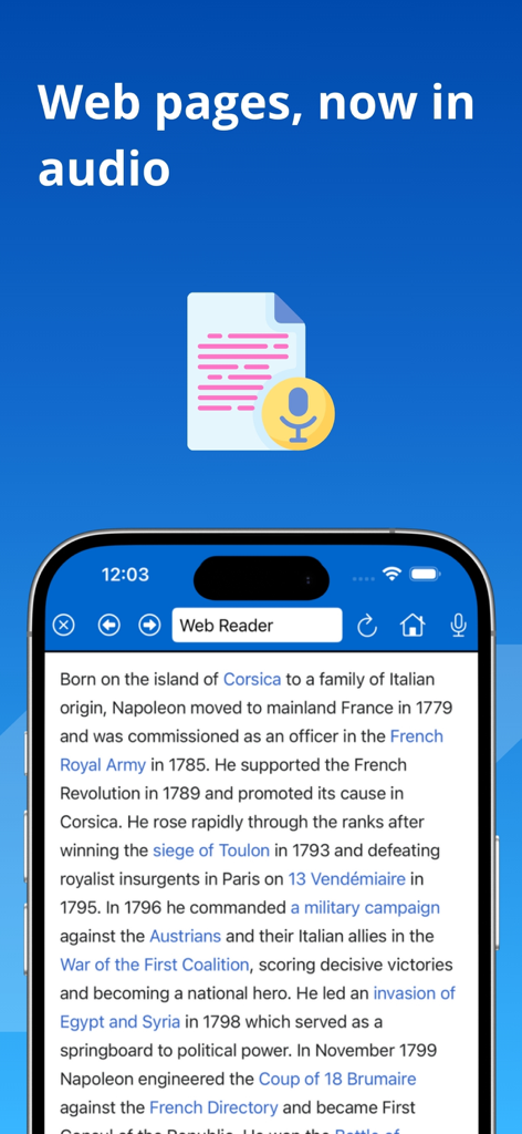 Voice Reader . - Voice Reader app interface showing a web page being converted into audio on an iPhone