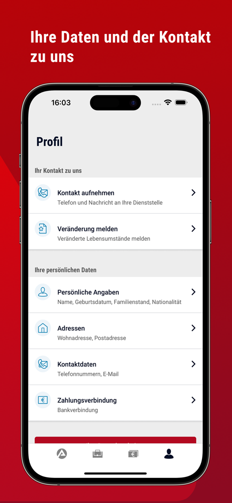 BA-mobil App Profilbildschirm mit Kontaktoptionen und Verwaltung persönlicher Daten