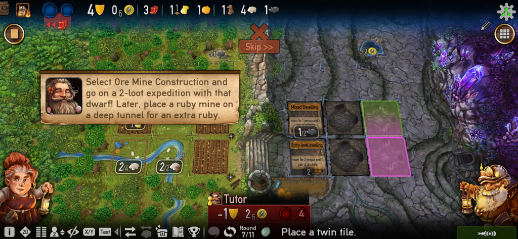 Caverna - In-game tutorial screen for Caverna digital board game showing the cave and forest tiles