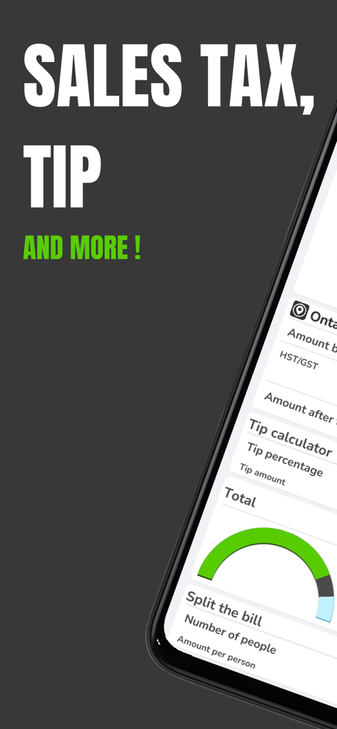 Canadian Sales Tax Calculation - Screenshot of the Canadian Sales Tax Calculation app showing tax tip and bill splitting features