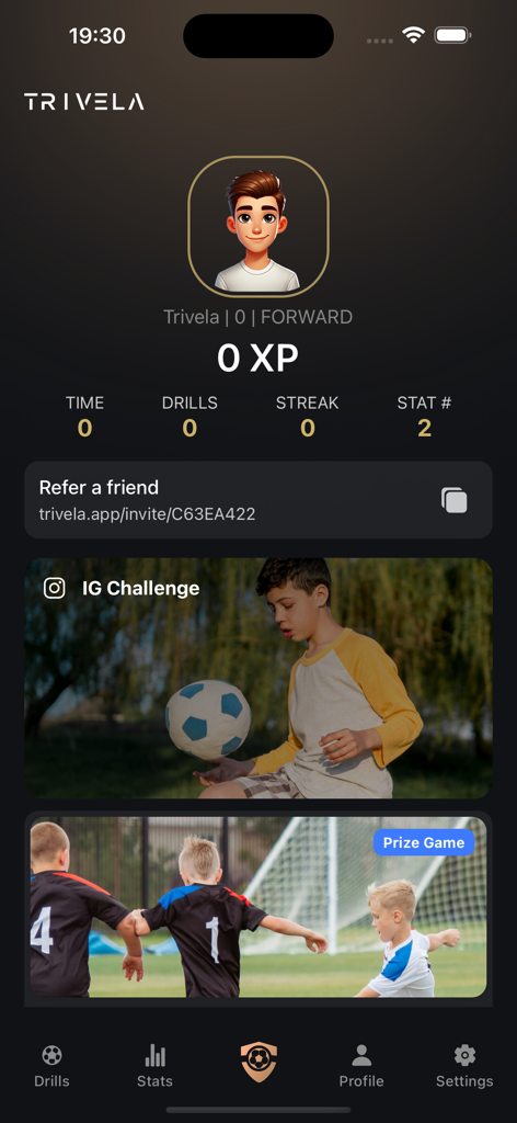 TRIVELA AI - Football Training - Dashboard of the TRIVELA AI football training app showing player stats and soccer challenges