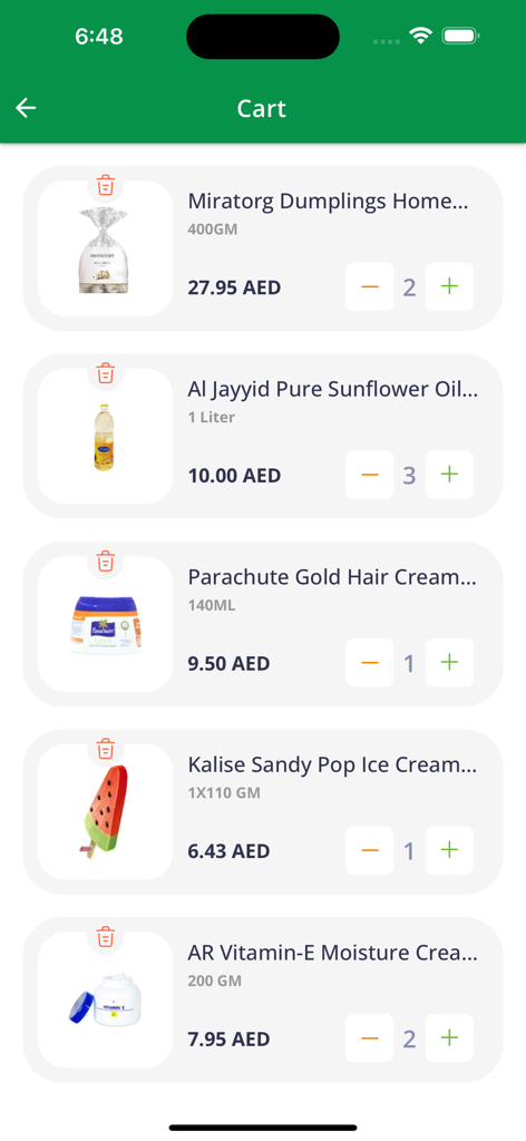 West Zone - Grocery Shopping - Interface of the West Zone grocery shopping app showing the cart screen with items like dumplings sunflower oil and hair cream