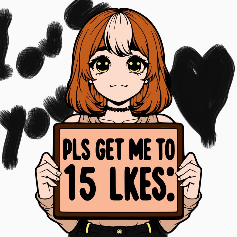 realistic girl holding up a sign that says “pls get me to 15 likes!”