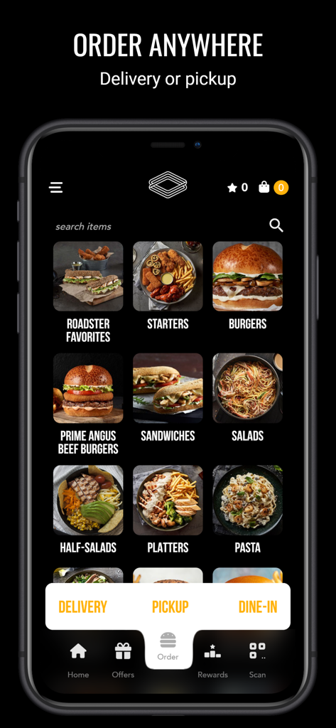 Roadster Diner - Pantalla de inicio de la aplicación móvil Roadster Diner mostrando categorías de alimentos y opciones de entrega