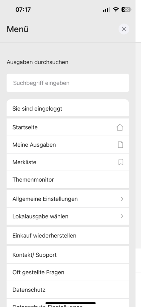Hauptmenü der SZ E-Paper App mit Navigations- und Einstellungsoptionen