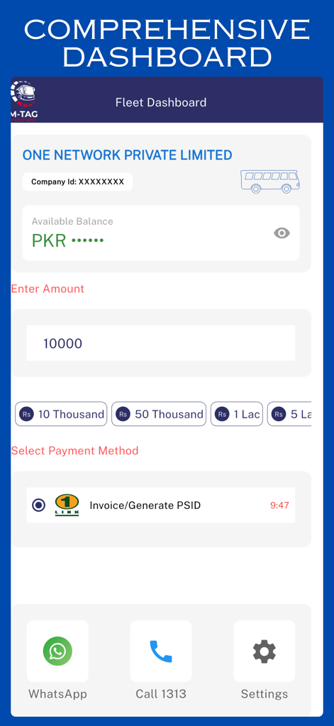 M-TAG Fleet - M-TAG Fleet app comprehensive dashboard showing available balance and account recharge options with payment methods.