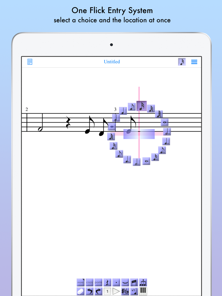 iWriteMusic Pro - iWriteMusic Pro app showing the One Flick Entry System on iPad for quick music notation
