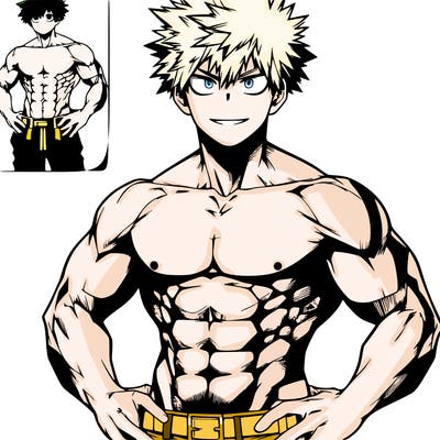 realistic bakugo with no shirt and abs