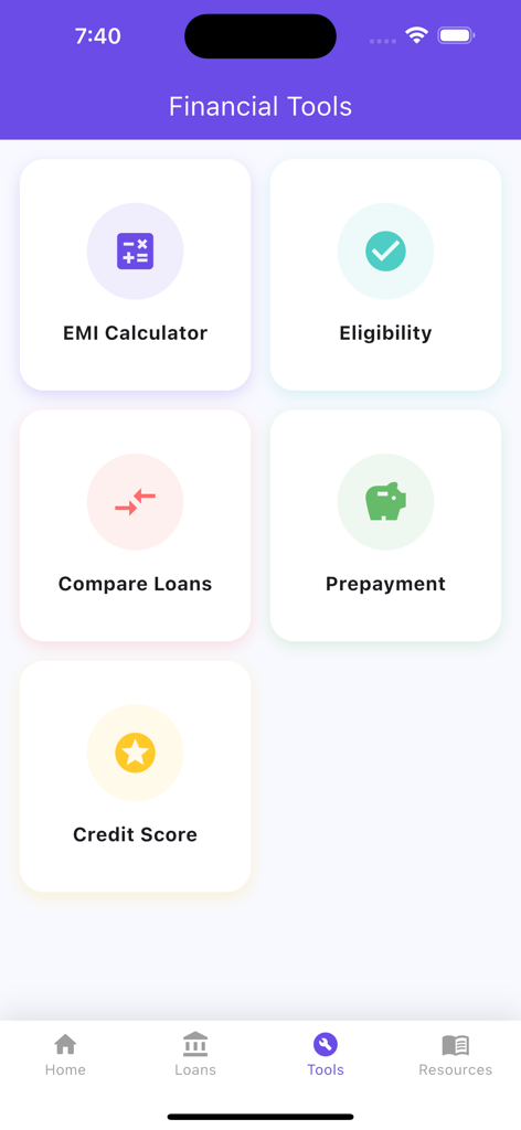 Instant Loan - Calculator App - Mobile app screen displaying financial tools including EMI calculator eligibility checker loan comparison prepayment and credit score options