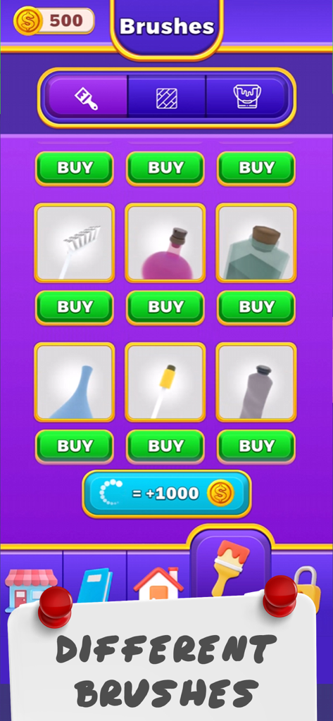 Coloring Matchアプリのさまざまなブラシを選択するためのゲーム内ストアメニュー
