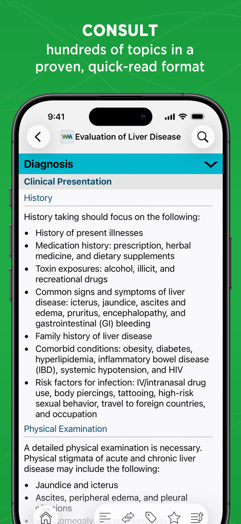 Interfaz de la aplicación móvil The Washington Manual que muestra la presentación clínica y los pasos de diagnóstico para la evaluación de enfermedades hepáticas