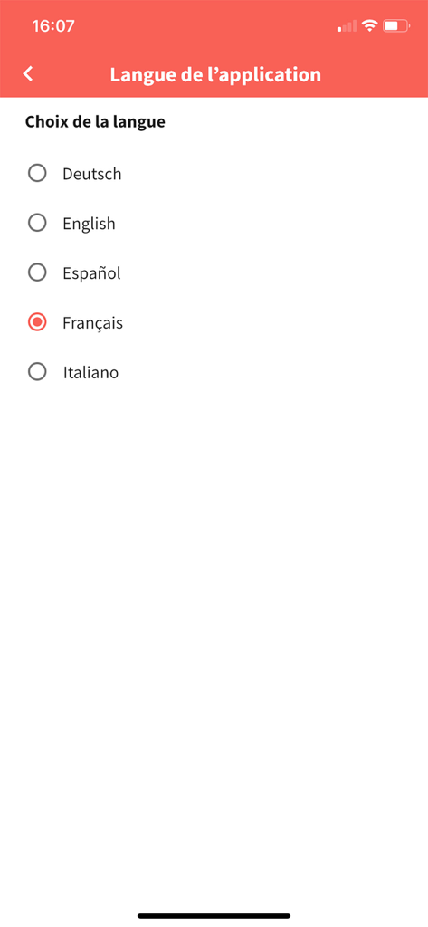 La Bonne Semence - Language selection menu in the La Bonne Semence app showing options for French, English, Spanish, German, and Italian.