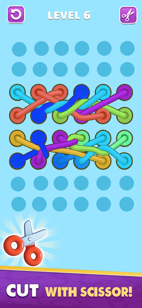 Untangle Twisted Rope Game - A level from Untangle Twisted Rope Game featuring colorful tangled ropes and a scissor power up