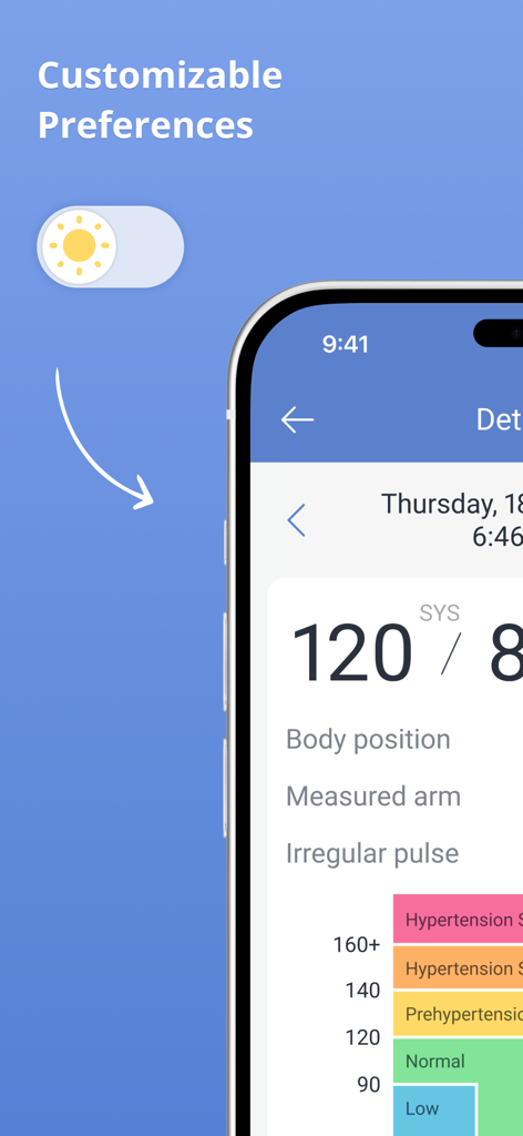 Health Diary by MedM - MedM Health app interface showing blood pressure tracking and a toggle for display preferences