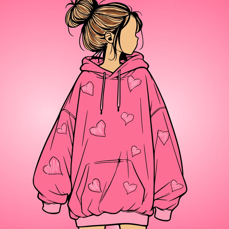 realistic girl with a oversized sweatshirt on and a bun