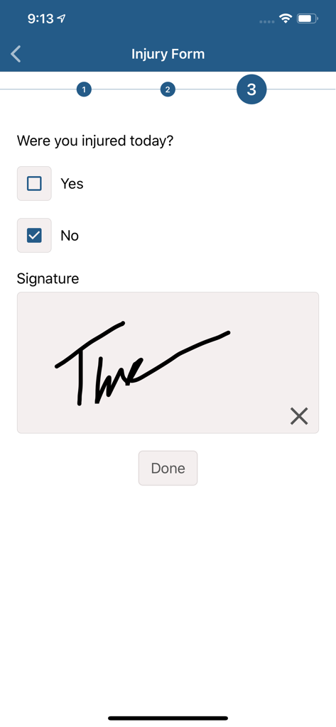 ExakTime Mobile app injury form with digital signature box and injury status selection.