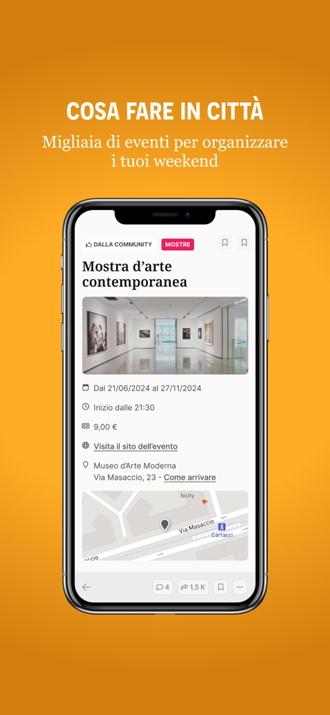 RavennaToday app screen showing contemporary art exhibition details including dates, prices, and location map