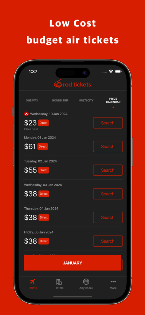 Red Tickets app interface displaying a low price calendar for budget air tickets