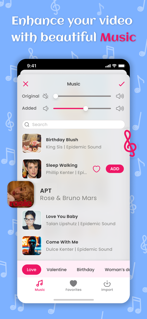 Clifie: Reels & Clip Maker App - Screenshot of Clifie app showing the music selection screen with options to mix original and added audio for video reels.