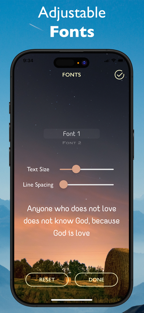 Adjustable font and text size settings in the Sprinkle of Jesus app