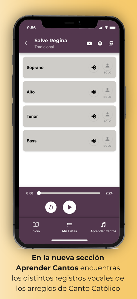 Canto Católico - Interface of Canto Catolico app showing vocal parts for Soprano Alto Tenor and Bass for choir practice